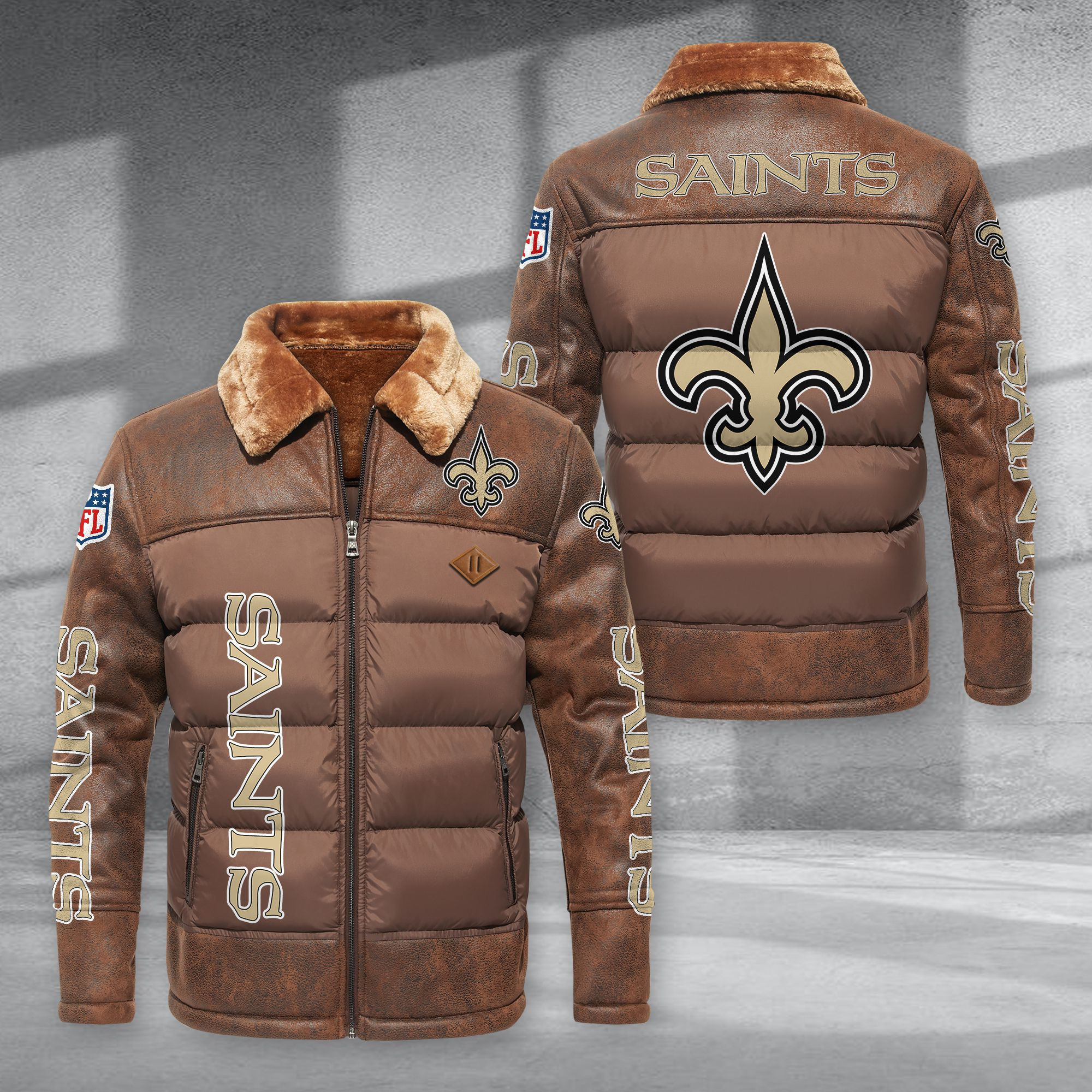 New Orleans Saints Fur Collar Leather-Look Puffer Jacket PURJD024