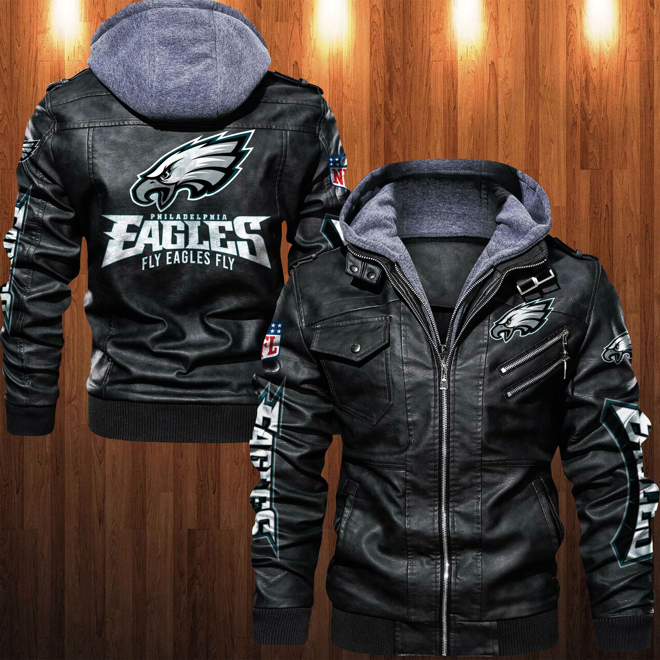 Philadelphia Eagles HVKC1258 - Premium & Ultra-Thick Leather Jacket with Fleece Hood