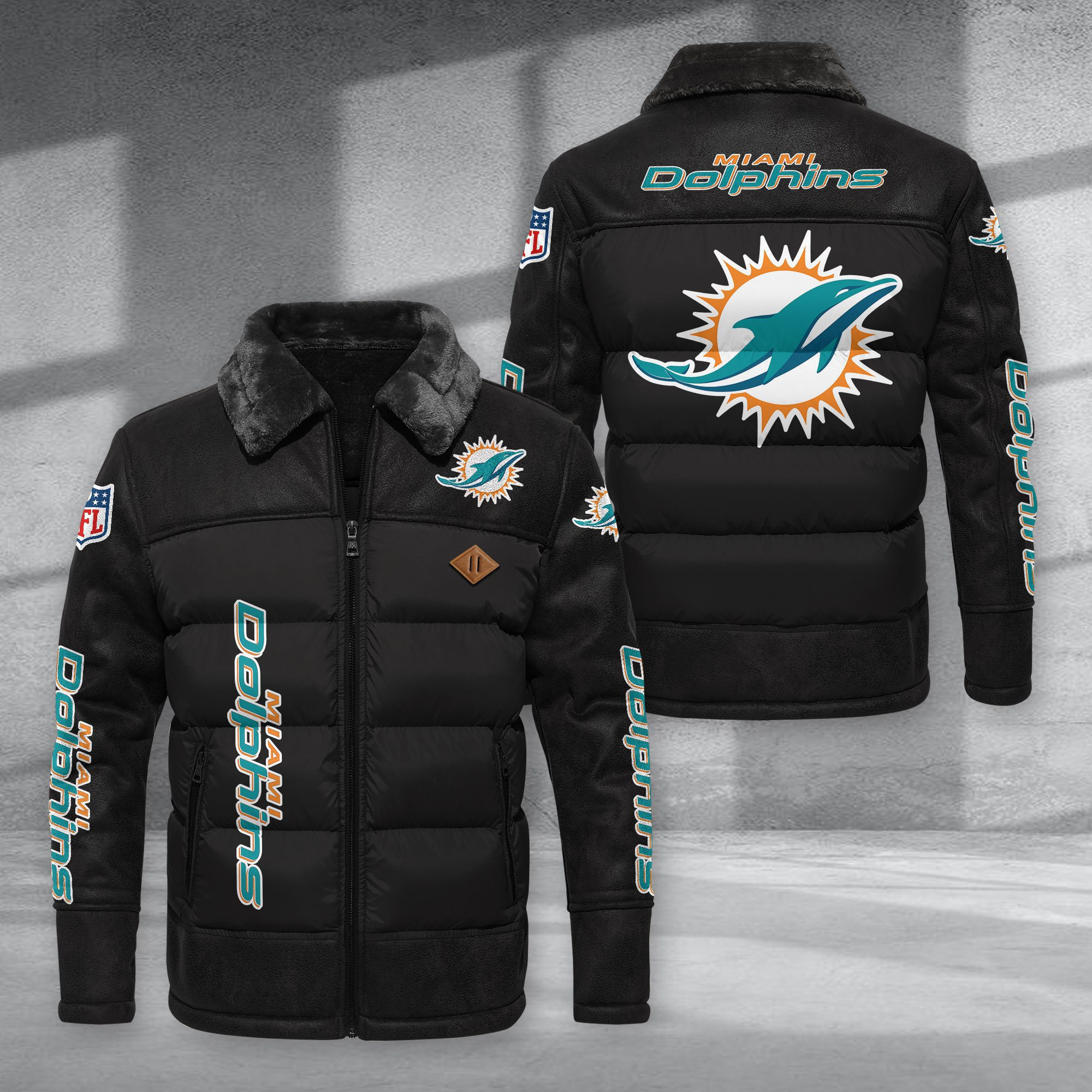 Miami Dolphins Fur Collar Leather-Look Puffer Jacket PURJD021