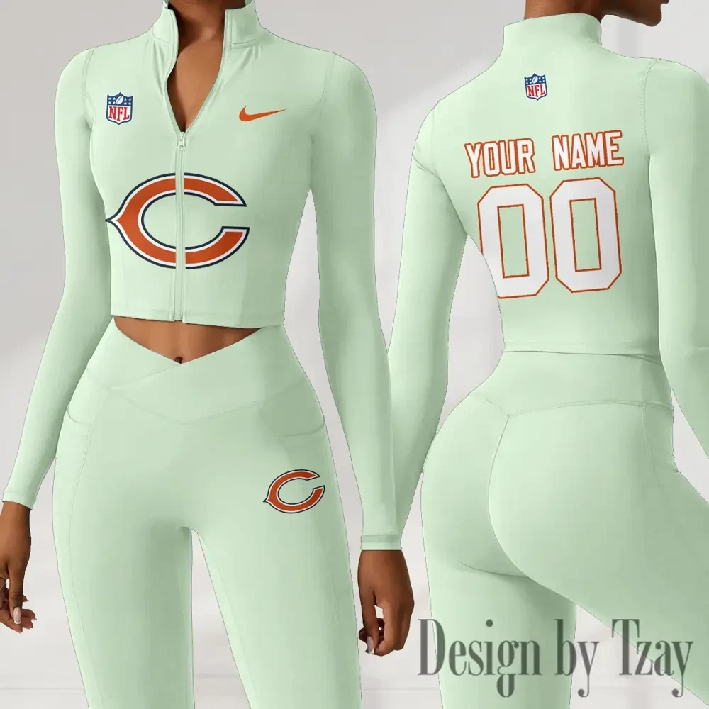 Chicago Bears Women Activewear Set 2 Piece Crop Jacket and High Waist Leggings SPTZSTW204