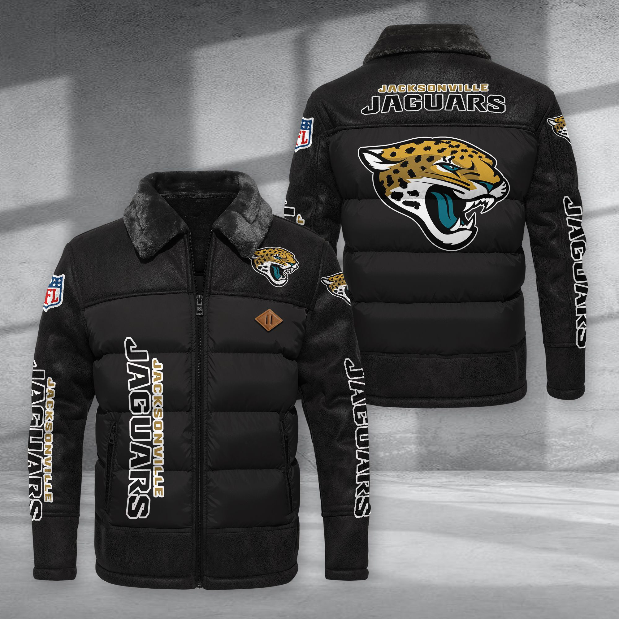Jacksonville Jaguars Fur Collar Leather-Look Puffer Jacket PURJD016