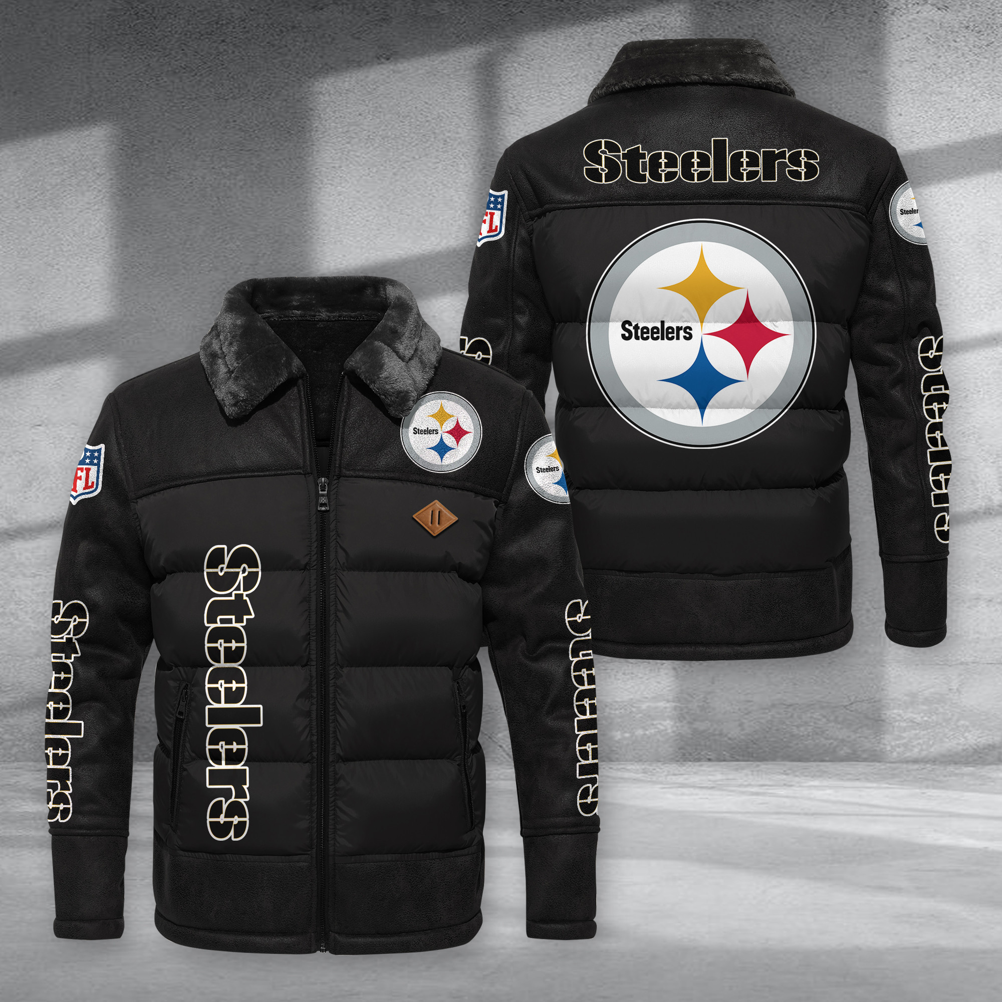 Pittsburgh Steelers Fur Collar Leather-Look Puffer Jacket PURJD028
