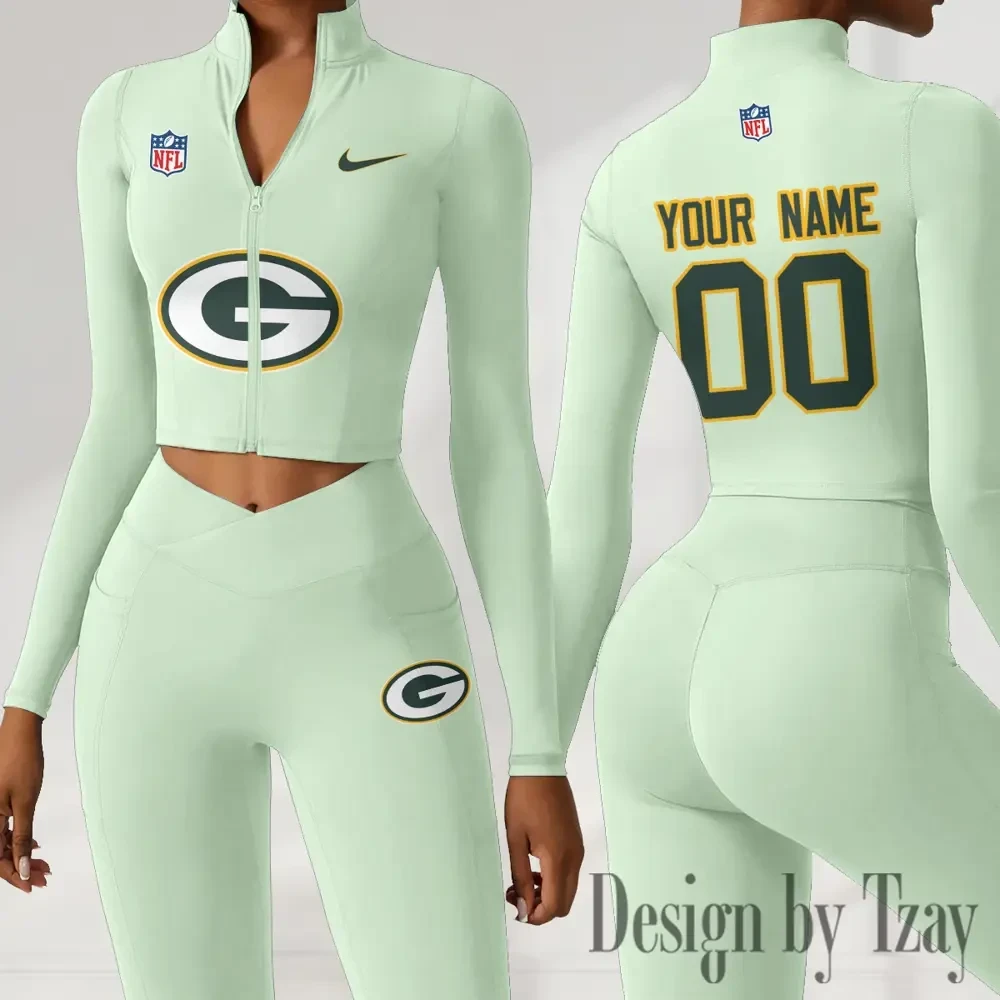 Green Bay Packers Women Activewear Set 2 Piece Crop Jacket and High Waist Leggings SPTZSTW210