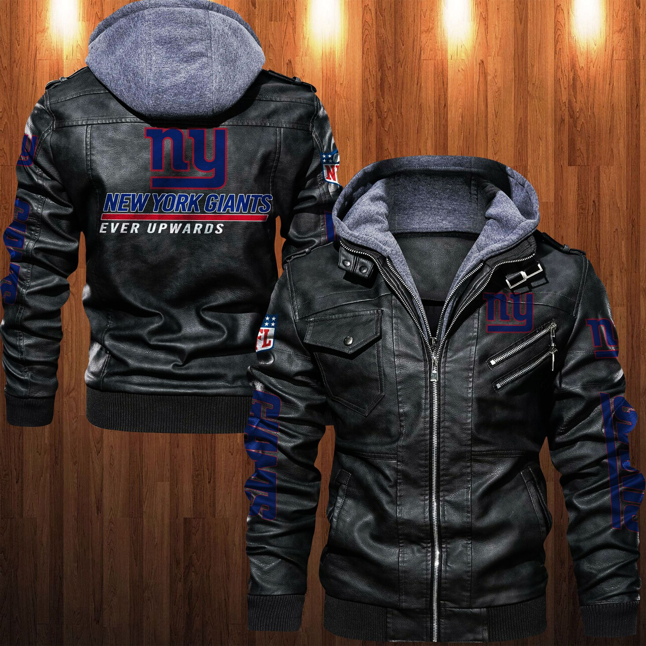New York Giants HVKC1255 - Premium & Ultra-Thick Leather Jacket with Fleece Hood
