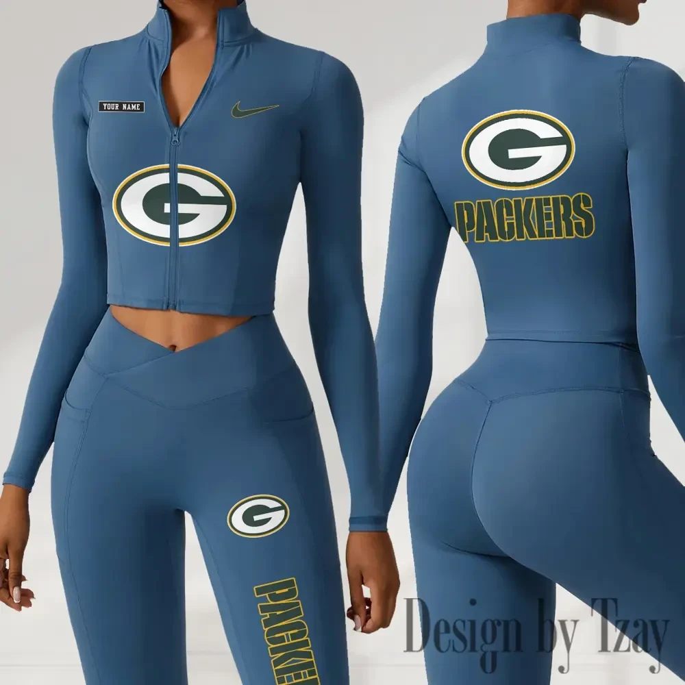 Green Bay Packers Women Activewear Set 2 Piece Crop Jacket and High Waist Leggings SPTZSTW274