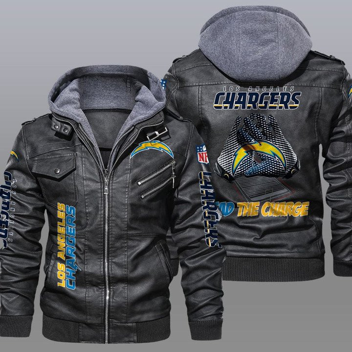 Los Angeles Chargers Premium & Ultra-Thick Leather Jacket with Fleece Hood 18