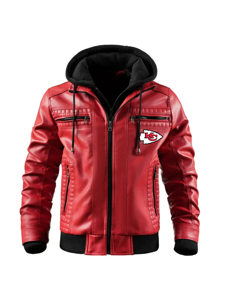 Premium & Ultra-Thick Leather Jacket with Fleece Hood Kansas City Chiefs VATY823