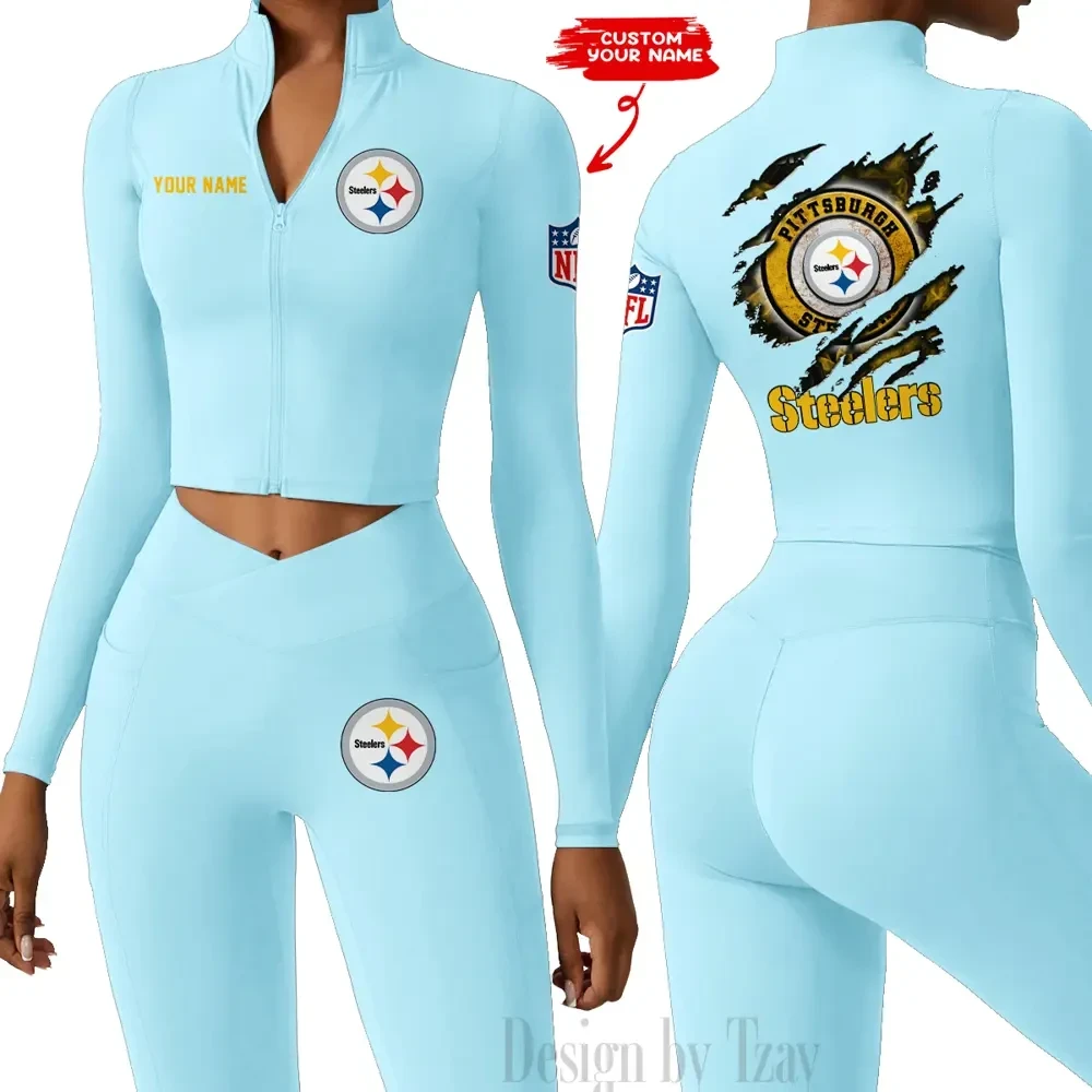 Pittsburgh Steelers Women Activewear Set 2 Piece Crop Jacket and High Waist Leggings SPTZSTW257