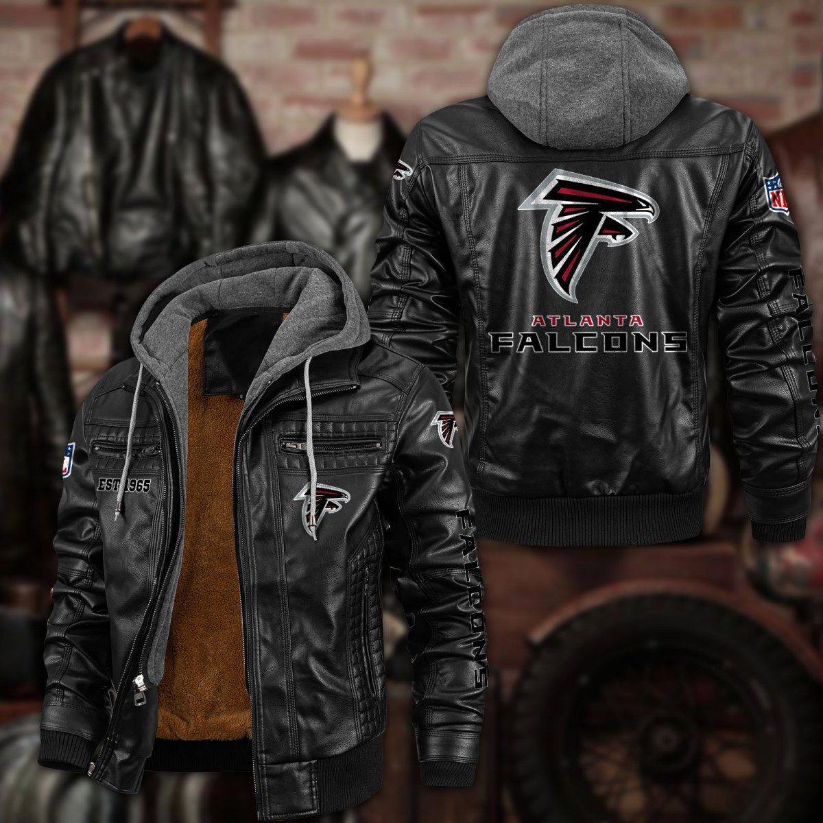 Premium & Ultra-Thick Leather Jacket with Fleece Hood - Atlanta Falcons PHVKC002