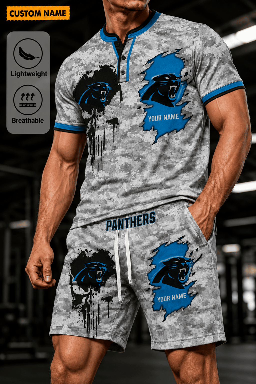 Carolina Panthers Men’s Button Neck T-Shirt and Short Set New Design 2026 Shirt And Short BSP957