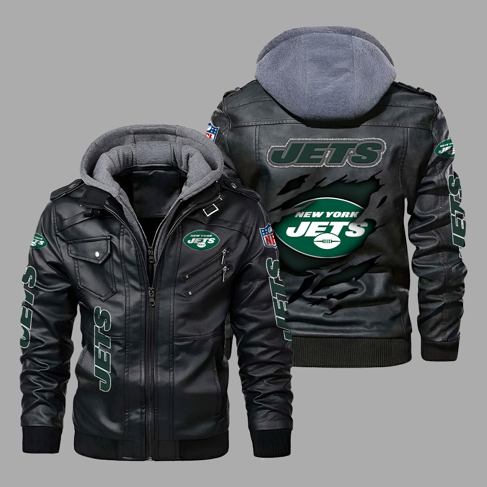 Premium & Ultra-Thick Leather Jacket with Fleece Hood - New York Jets PHVK8406