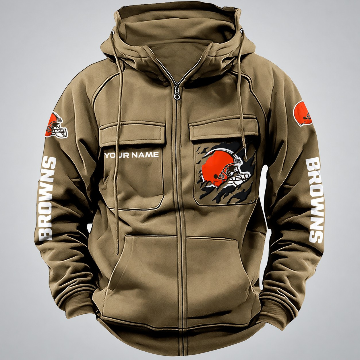 Cleveland Browns Solid Sweatshirts Multi Pockets Hoodie DV2 AZVMHD039