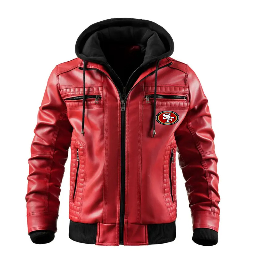 Premium & Ultra-Thick Leather Jacket with Fleece Hood San Francisco 49ers VATY826