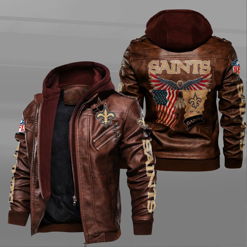 New Orleans Saints HVKC7233 - Premium & Ultra-Thick Leather Jacket with Fleece Hood