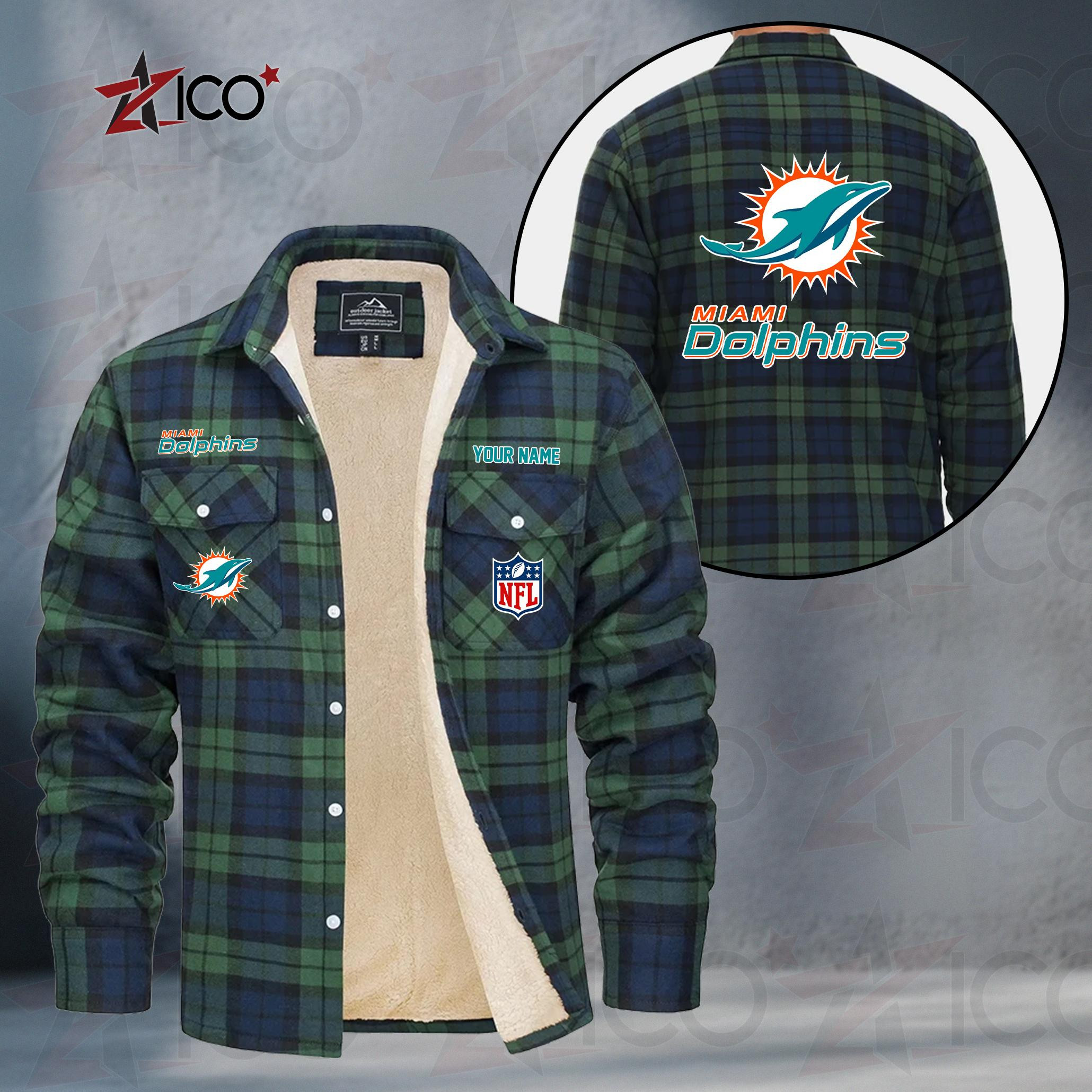 Miami Dolphins Fleece Flannel Plaid Jacket TG52
