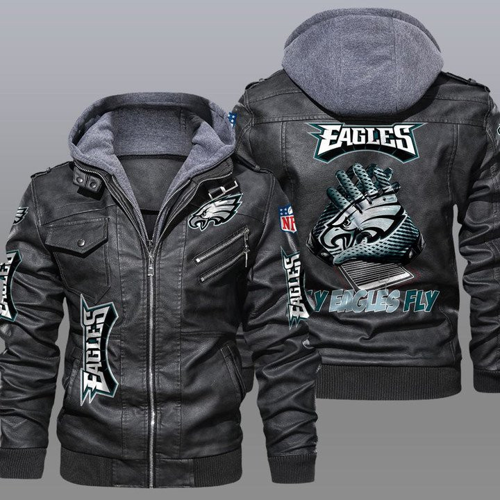 Philadelphia Eagles Premium & Ultra-Thick Leather Jacket with Fleece Hood 26