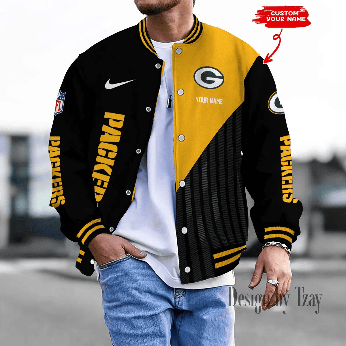 SPTBBJACKET108-Green Bay Packers Personalized New Baseball Jacket Gifts For Fan