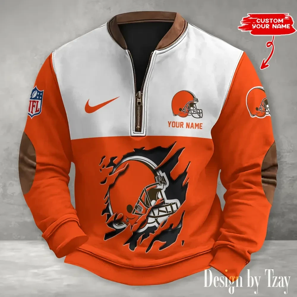 S9MPZNS117-Cleveland Browns Premium Personalized Game-Day Quarter-Zip