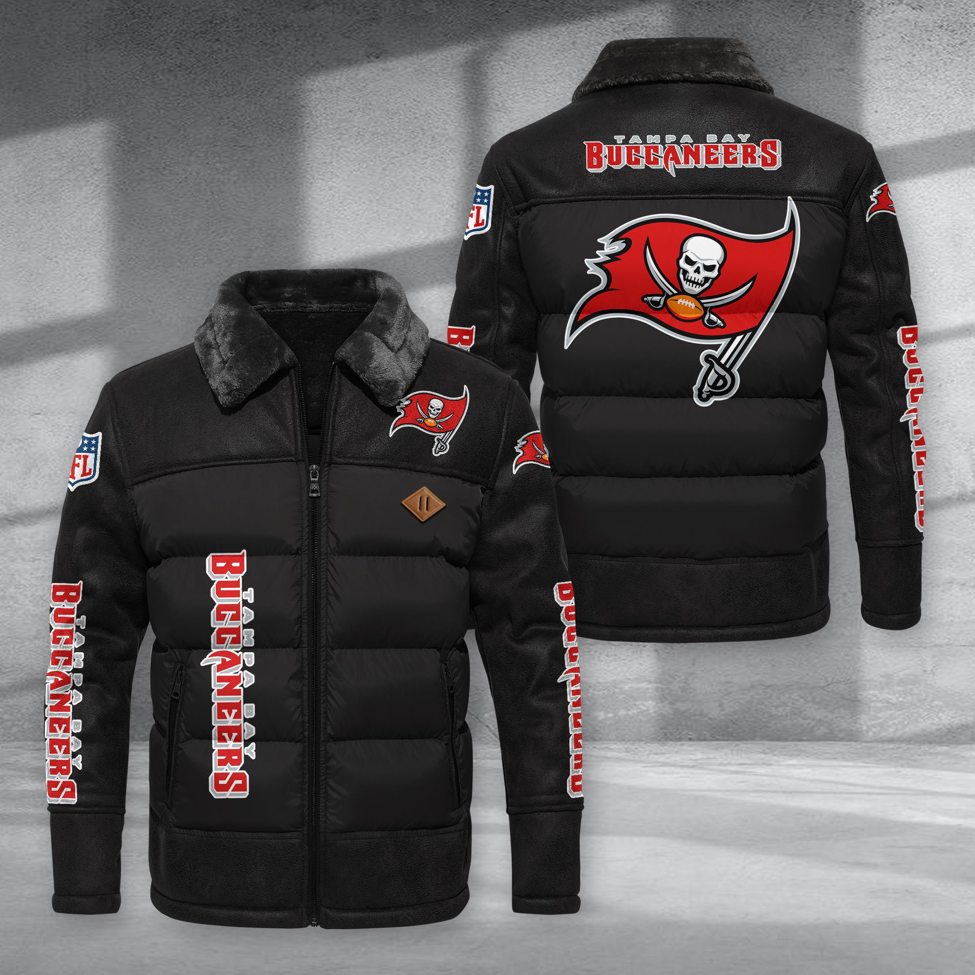 Tampa Bay Buccaneers Fur Collar Leather-Look Puffer Jacket PURJD031