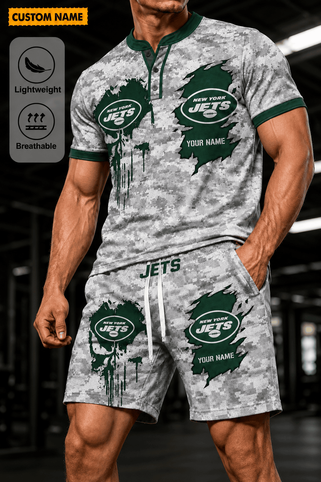 New York Jets Men’s Button Neck T-Shirt and Short Set New Design 2026 Shirt And Short BSP948