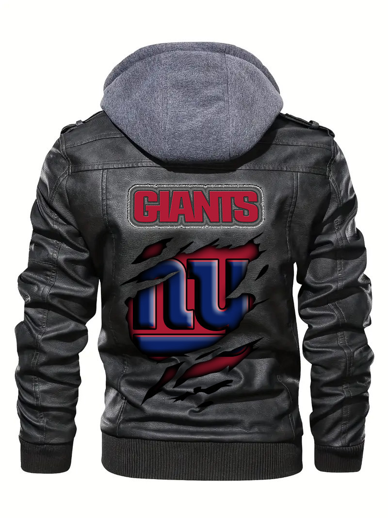 New York Giants Premium & Ultra-Thick Leather Jacket with Fleece Hood with Fleece Hood HVKC952 - Premium & Ultra-Thick Leather Jacket with Fleece Hood