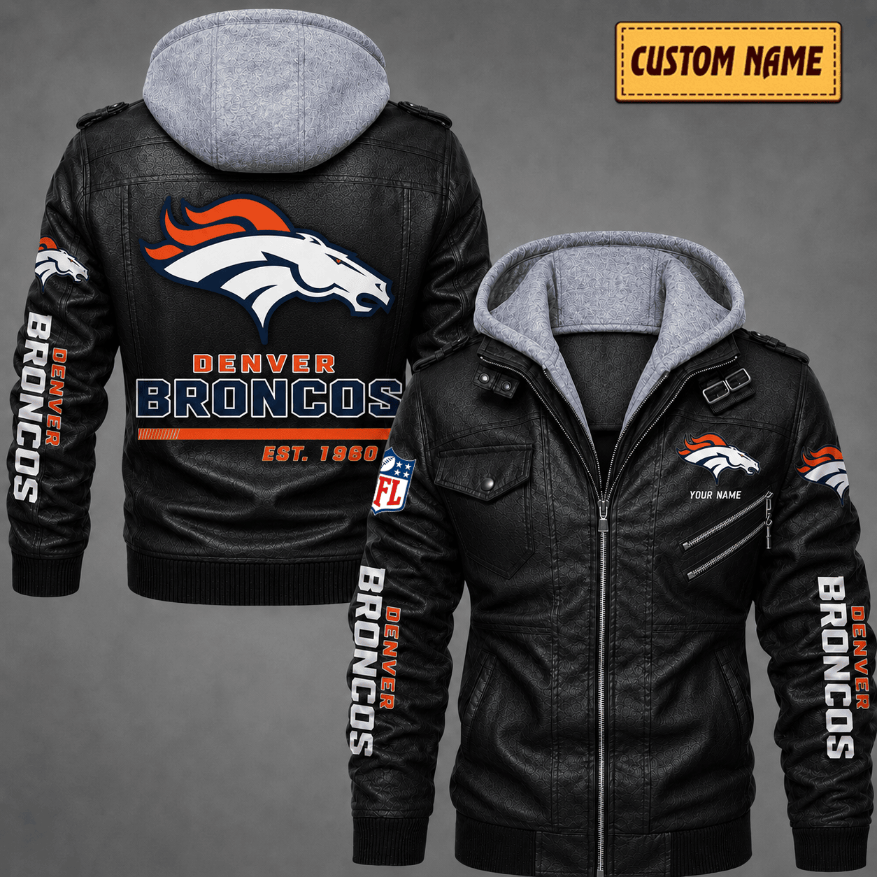 Premium & Ultra-Thick Leather Jacket with Fleece Hood - Denver Broncos VA2108