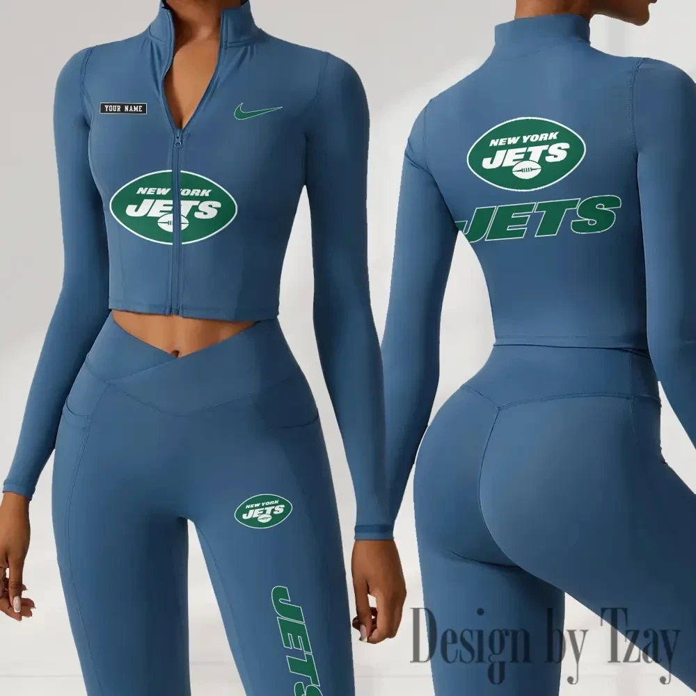 New York Jets Women Activewear Set 2 Piece Crop Jacket and High Waist Leggings SPTZSTW287