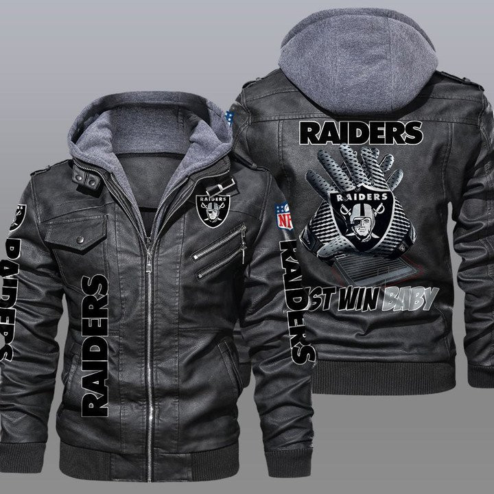 Las Vegas Raiders Premium & Ultra-Thick Leather Jacket with Fleece Hood 17