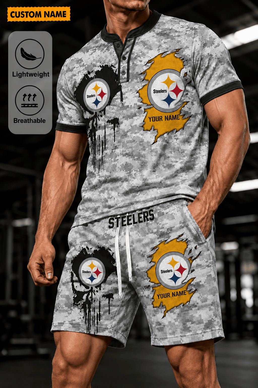Pittsburgh Steelers Men’s Button Neck T-Shirt and Short Set New Design 2026 Shirt And Short BSP938