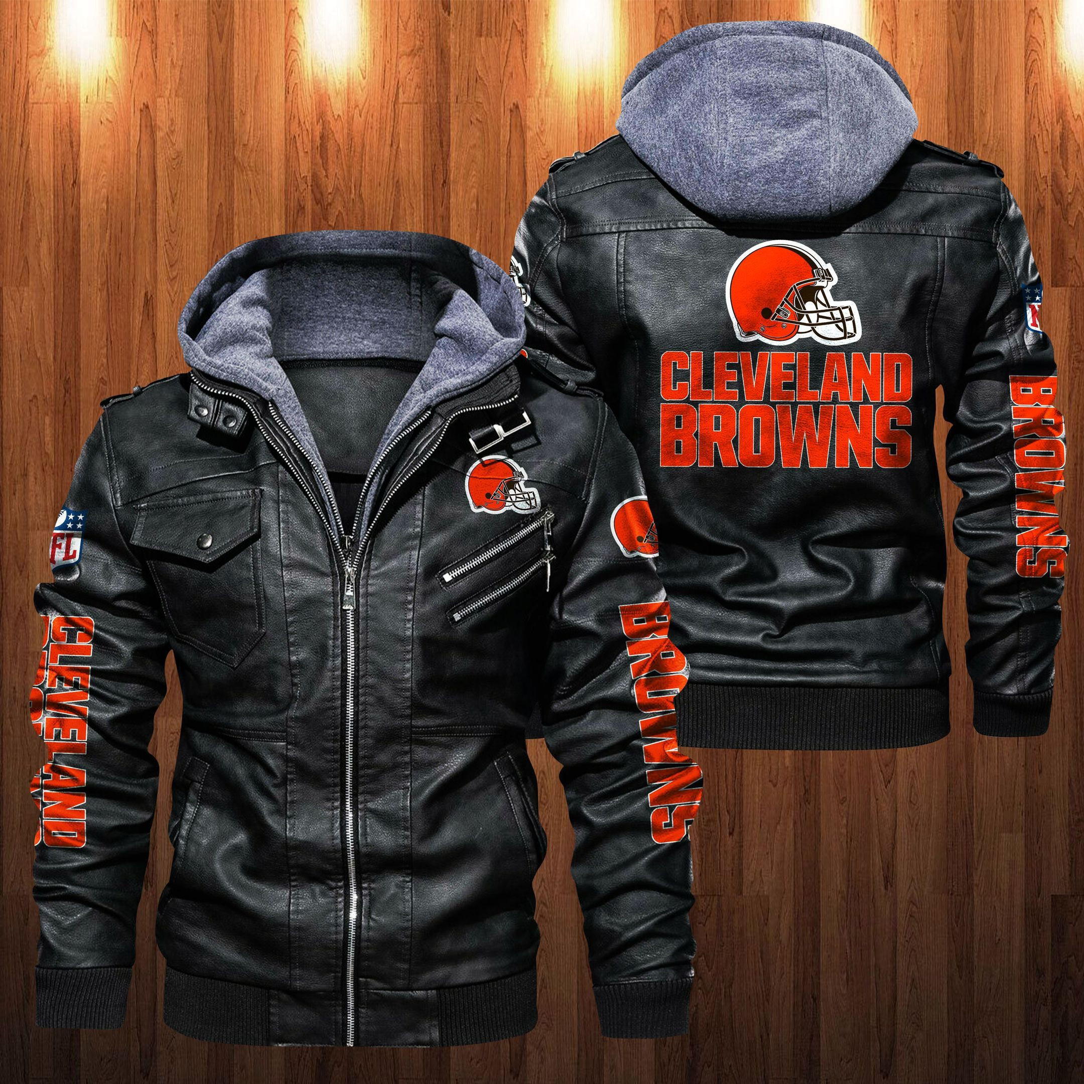 Cleveland Browns HVKC1241 - Premium & Ultra-Thick Leather Jacket with Fleece Hood