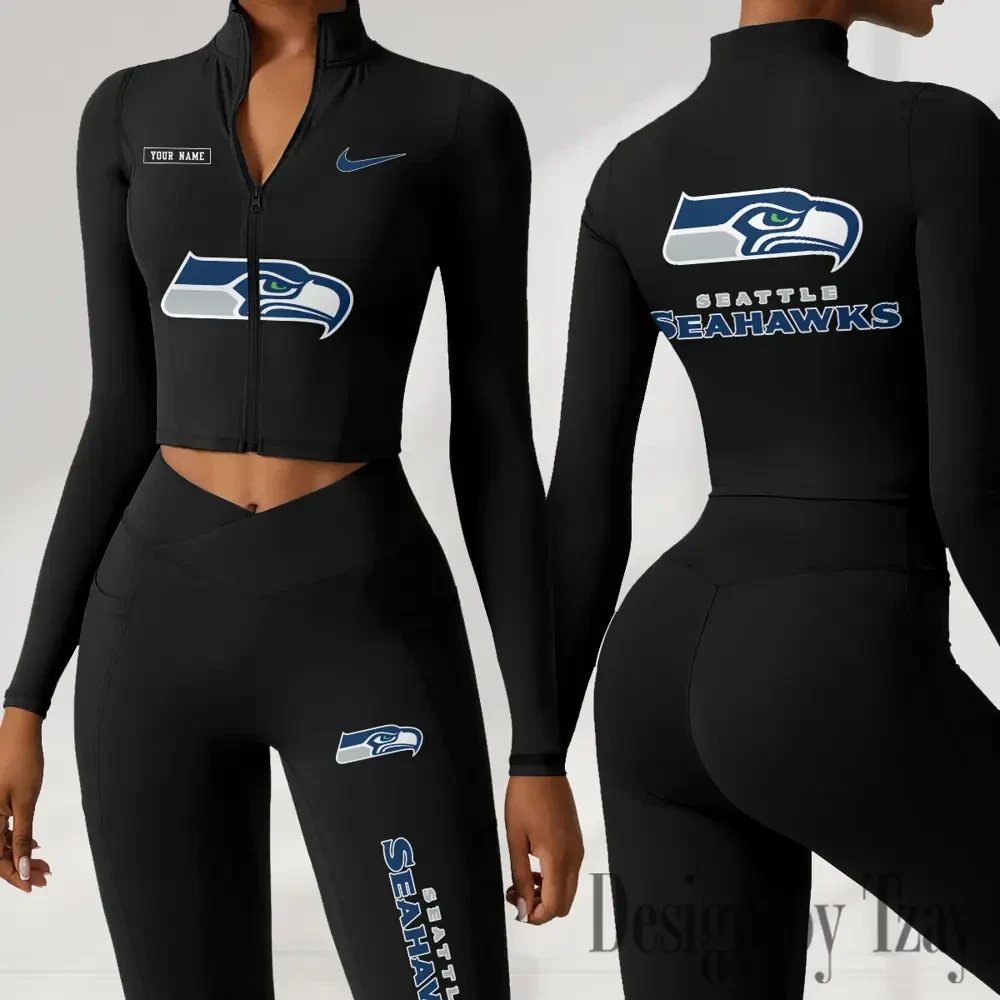 Seattle Seahawks Women Activewear Set 2 Piece Crop Jacket and High Waist Leggings SPTZSTW291