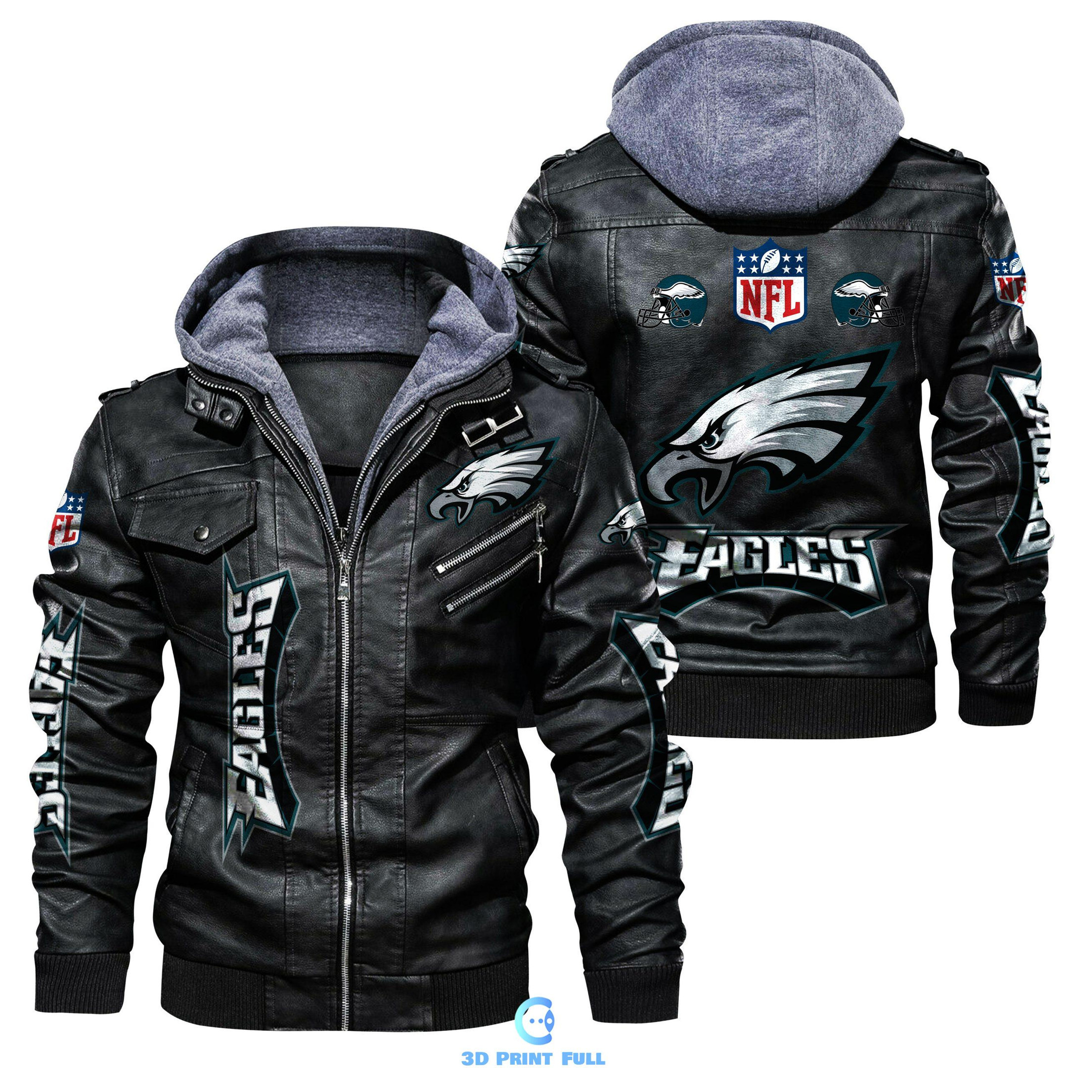 Buy Philadelphia Eagles HVKC344 Men's PU Premium & Ultra-Thick Leather Jacket with Fleece Hood with Fleece Hood Size S-3XL Jacket - Premium & Ultra-Thick Leather Jacket with Fleece Hood