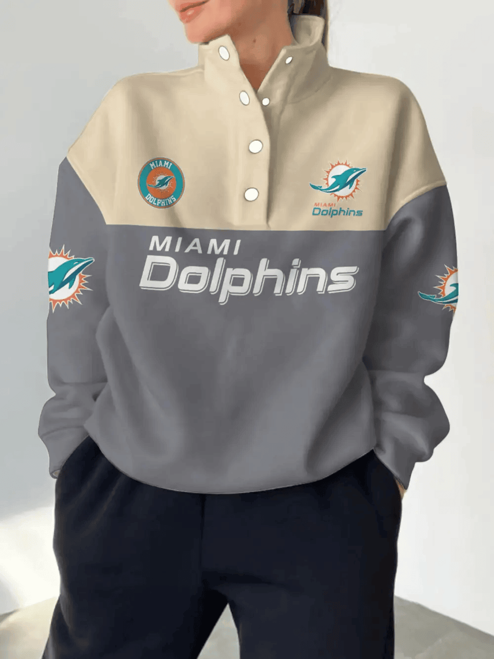 Miami Dolphins New Design Casual Snap Mockneck Pullover Sweatshirt SPTCSMPS023