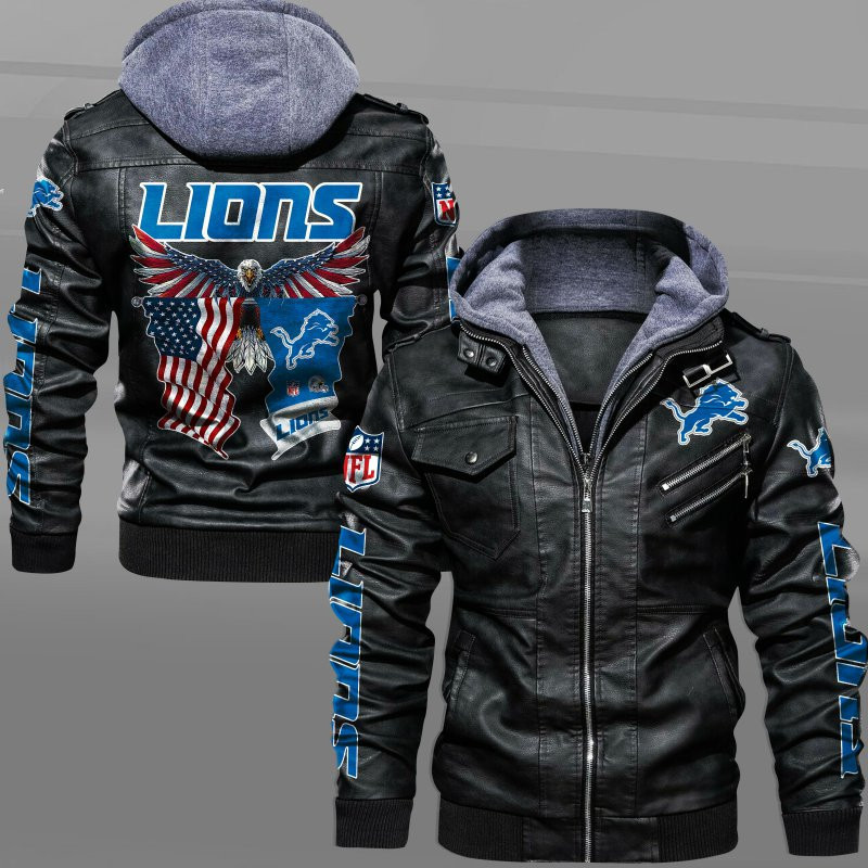 Detroit Lions HVKC7222 - Premium & Ultra-Thick Leather Jacket with Fleece Hood