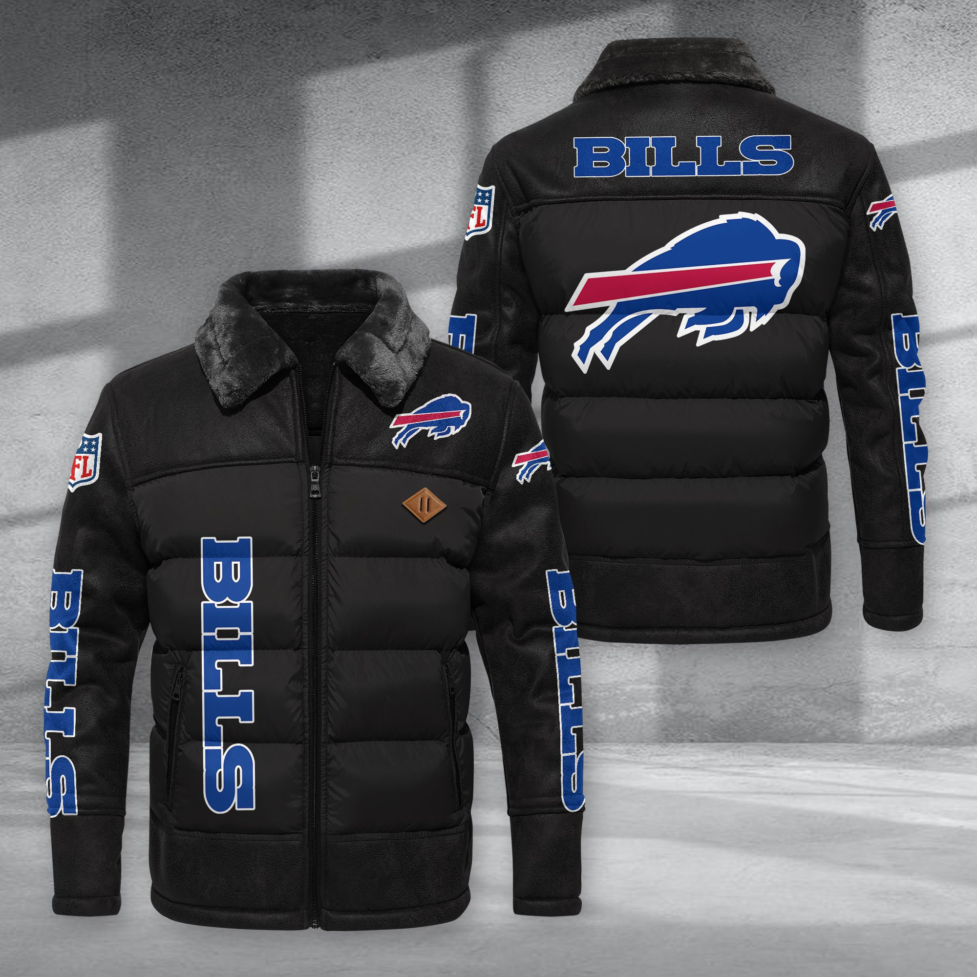 Buffalo Bills Fur Collar Leather-Look Puffer Jacket PURJD005