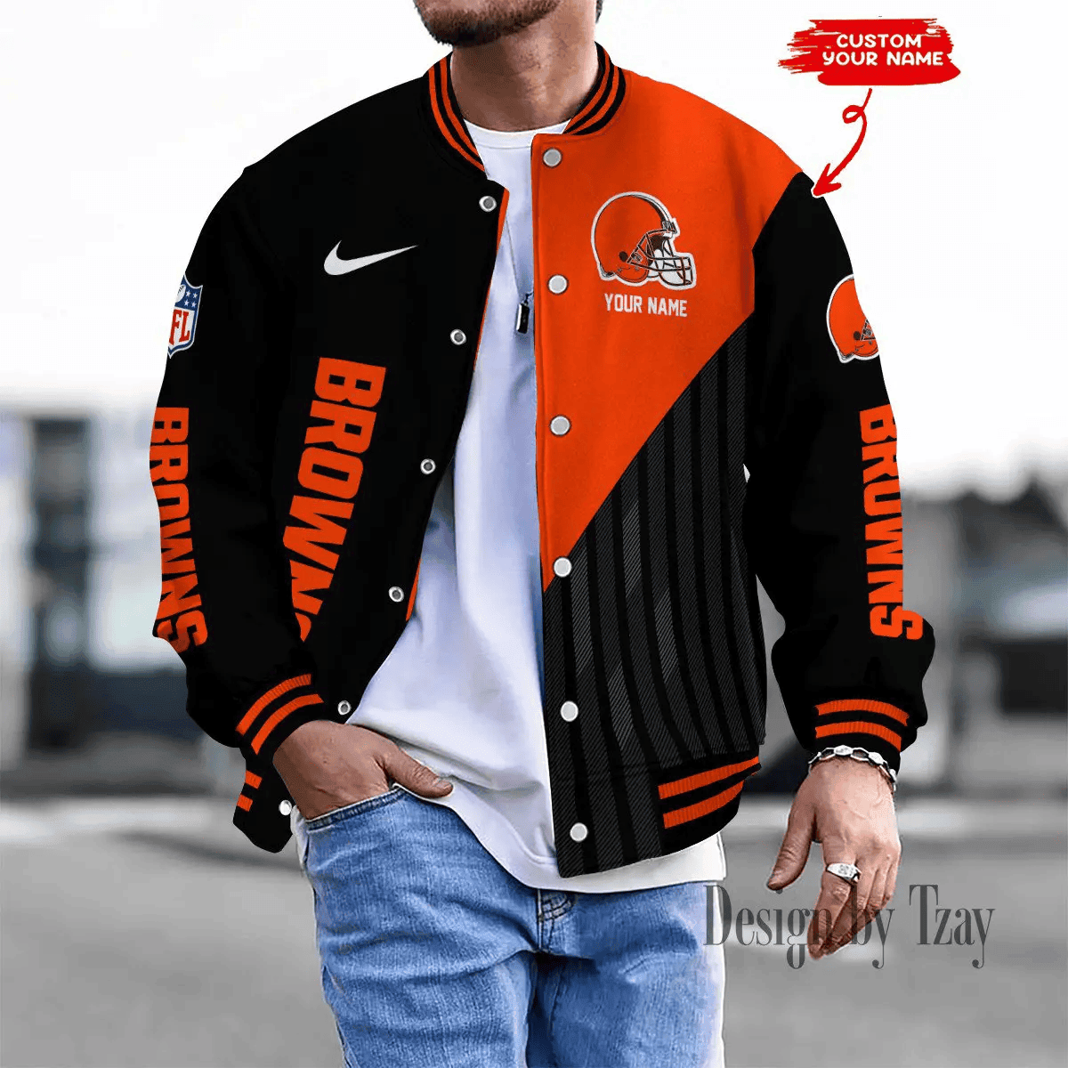 SPTBBJACKET104-Cleveland Browns Personalized New Baseball Jacket Gifts For Fan
