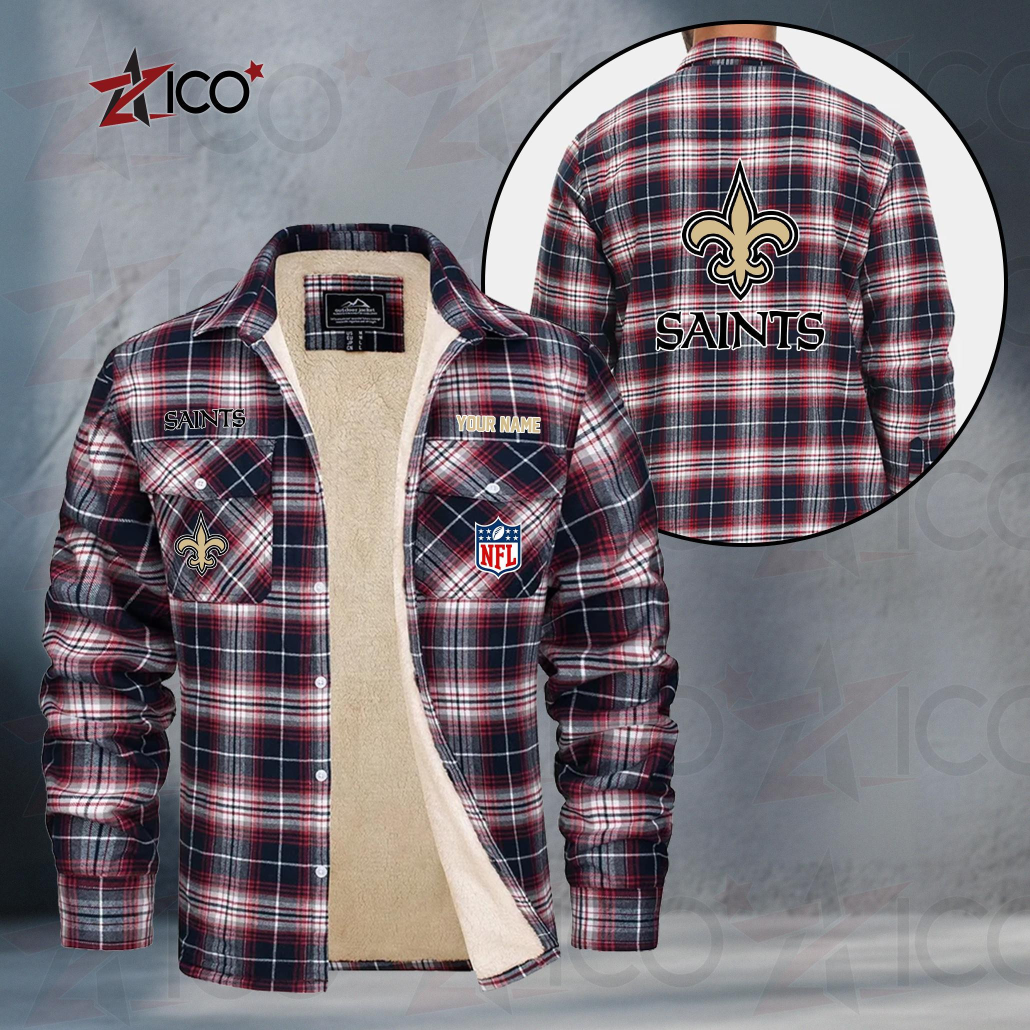 New Orleans Saints Fleece Flannel Plaid Jacket TG55
