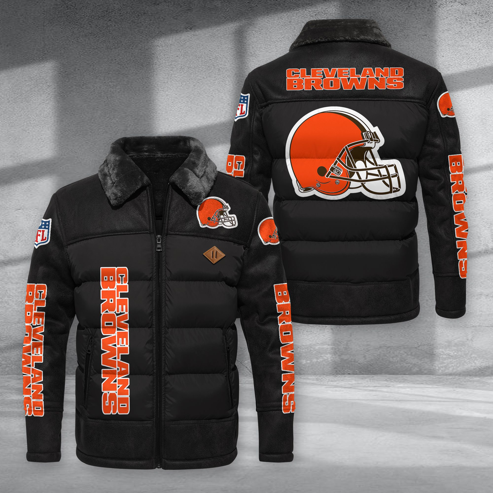 Cleveland Browns Fur Collar Leather-Look Puffer Jacket PURJD009