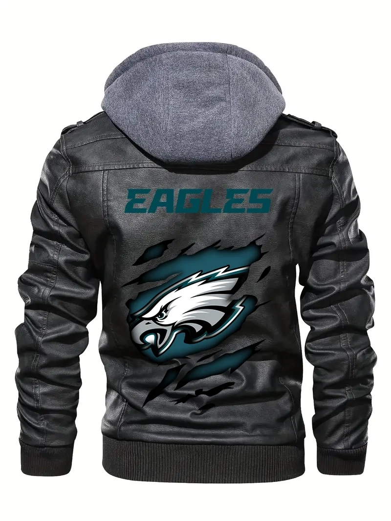 Philadelphia Eagles Premium & Ultra-Thick Leather Jacket with Fleece Hood with Fleece Hood HVKC950 - Premium & Ultra-Thick Leather Jacket with Fleece Hood