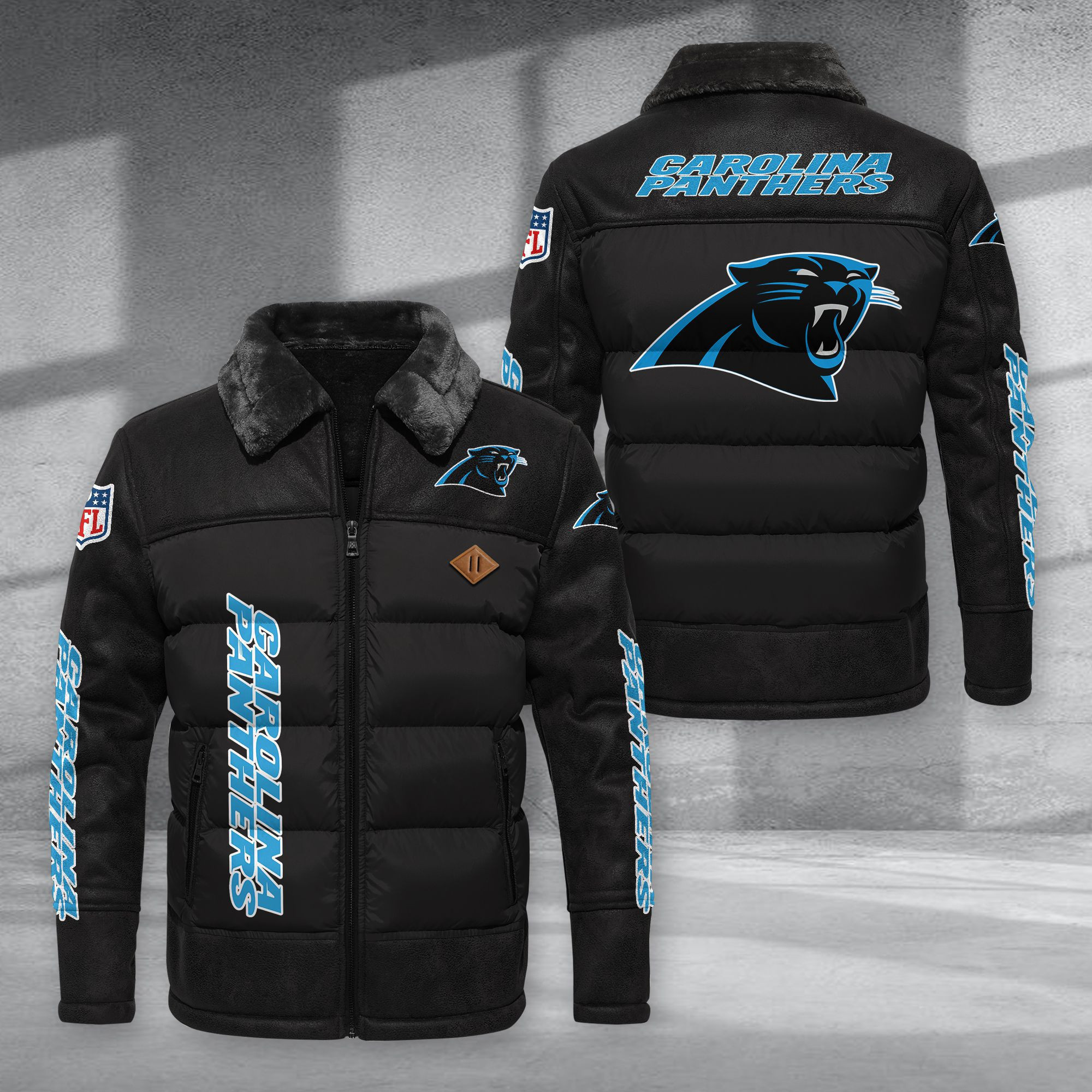 Carolina Panthers Fur Collar Leather-Look Puffer Jacket PURJD006