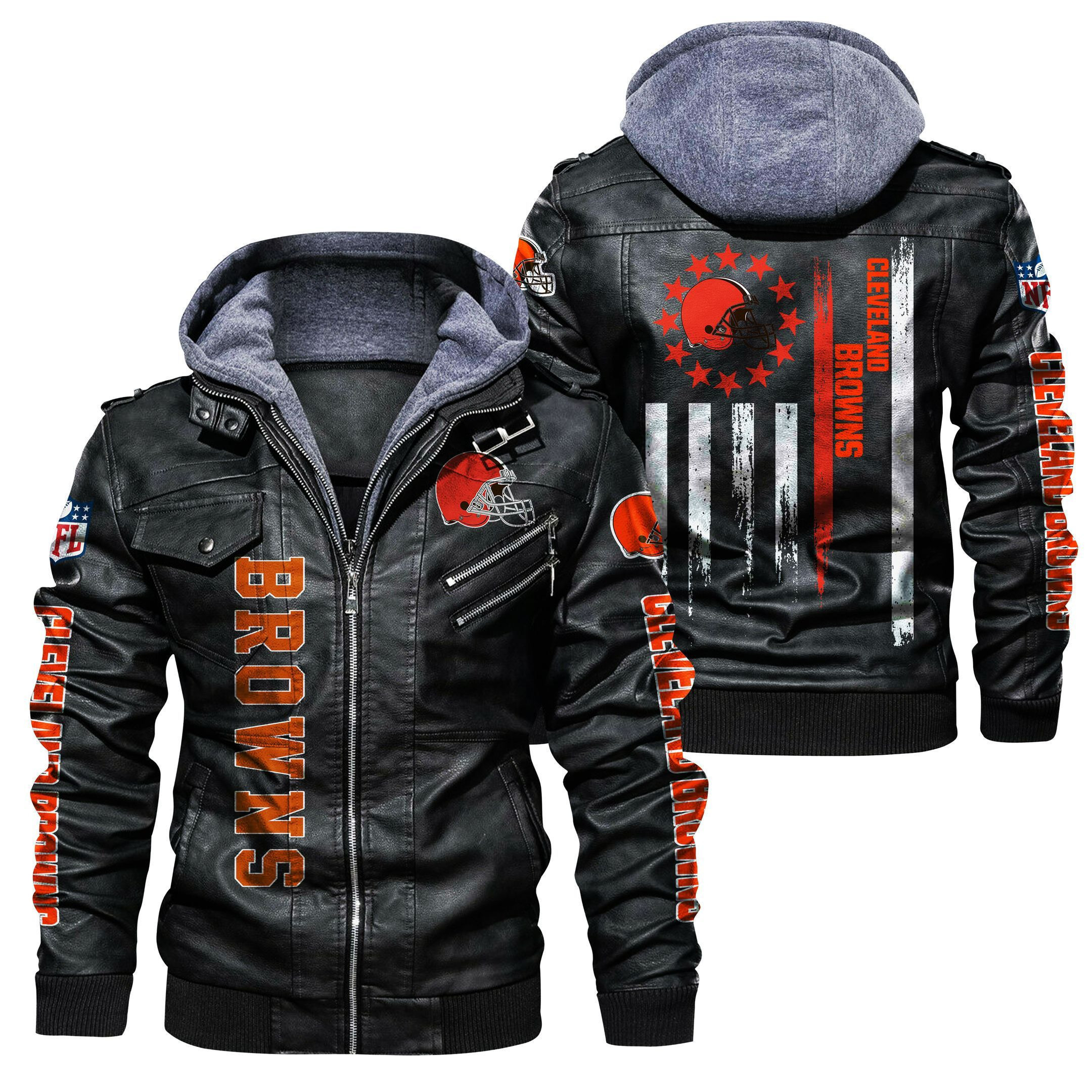 Cleveland Browns HVKC434 - Premium & Ultra-Thick Leather Jacket with Fleece Hood