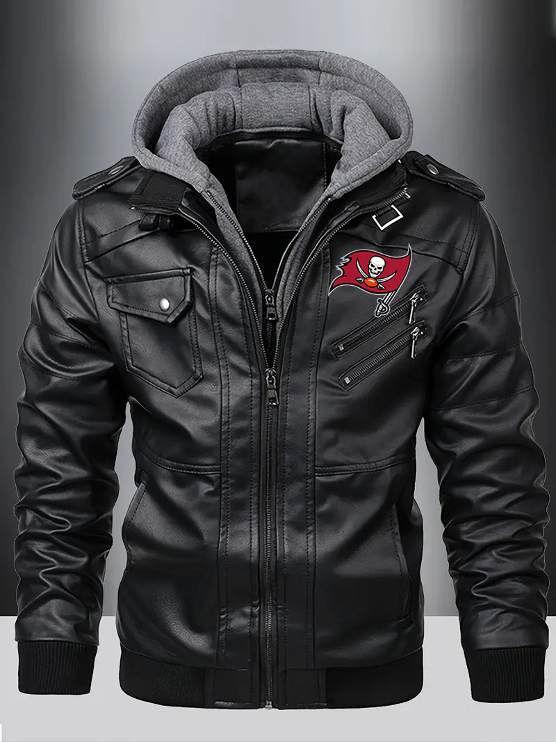 Tampa Bay Buccaneers Premium & Ultra-Thick Leather Jacket with Fleece Hood with Fleece Hood HVKC965 - Premium & Ultra-Thick Leather Jacket with Fleece Hood