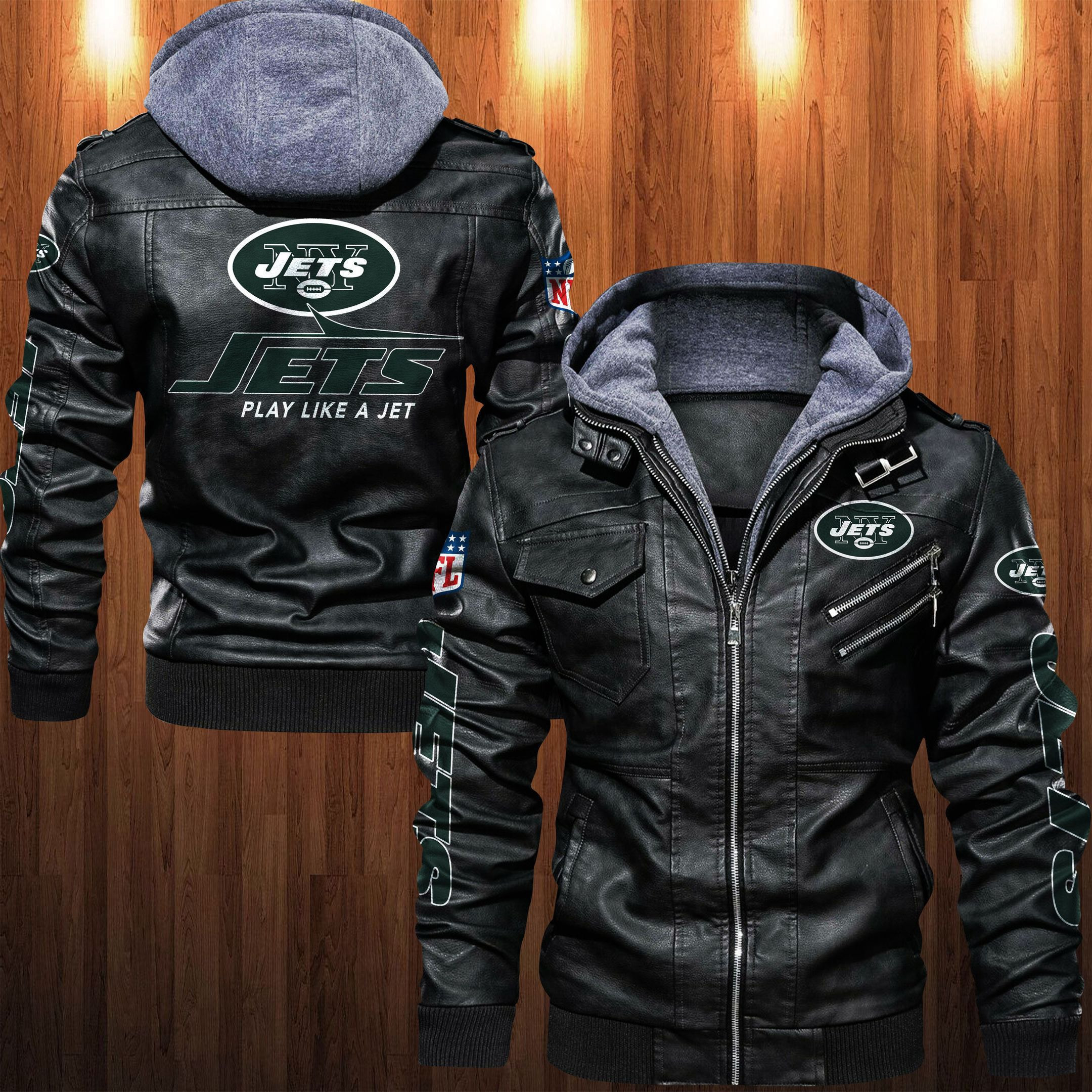 New York Jets HVKC1256 - Premium & Ultra-Thick Leather Jacket with Fleece Hood