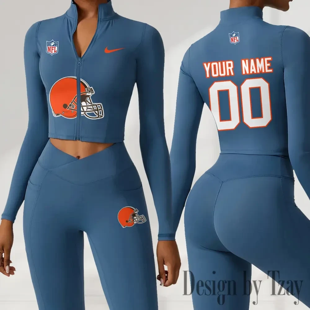 Cleveland Browns Women Activewear Set 2 Piece Crop Jacket and High Waist Leggings SPTZSTW206