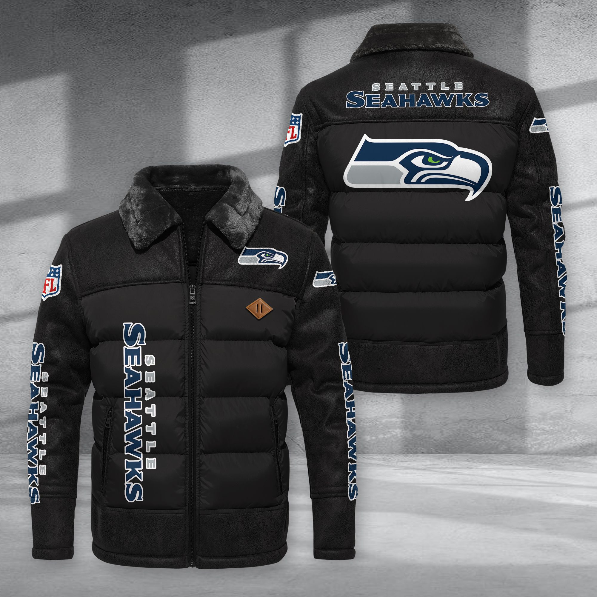Seattle Seahawks Fur Collar Leather-Look Puffer Jacket PURJD030