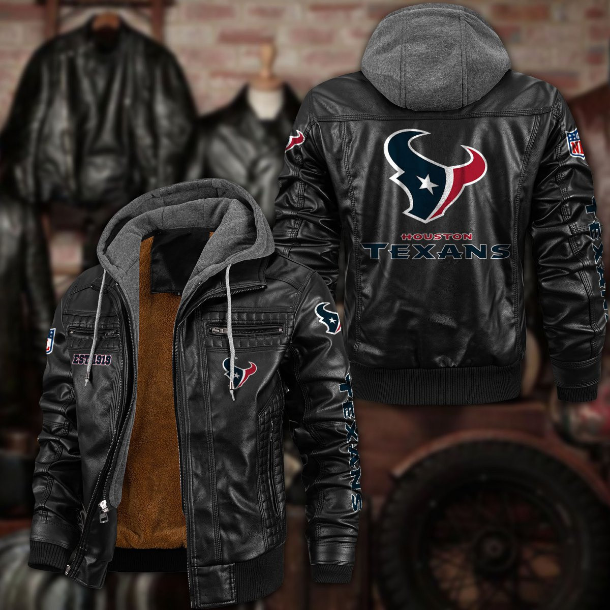 Premium & Ultra-Thick Leather Jacket with Fleece Hood - Houston Texans PHVKC013