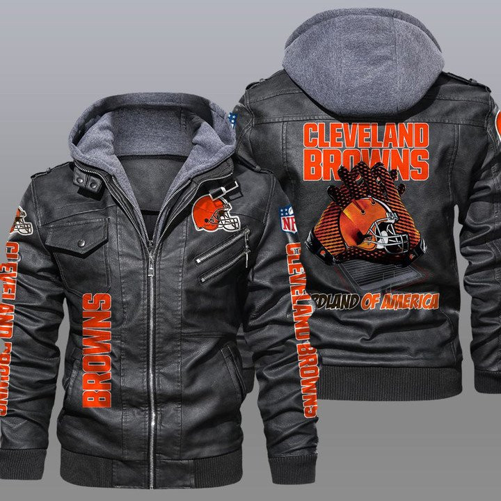 Cleveland Browns Premium & Ultra-Thick Leather Jacket with Fleece Hood 08