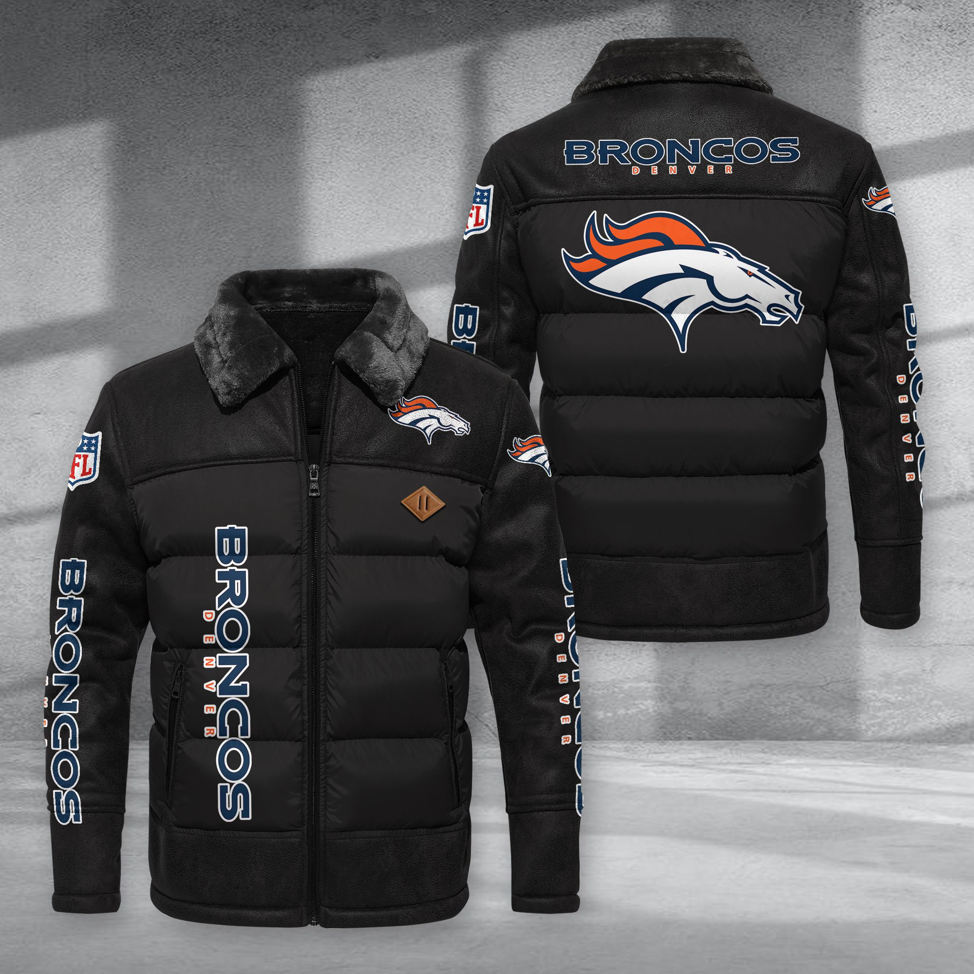 Denver Broncos Fur Collar Leather-Look Puffer Jacket PURJD011