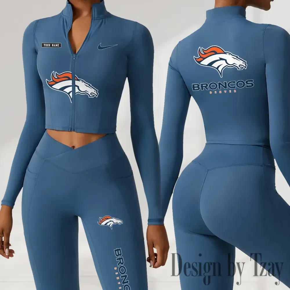 Denver Broncos Women Activewear Set 2 Piece Crop Jacket and High Waist Leggings SPTZSTW272