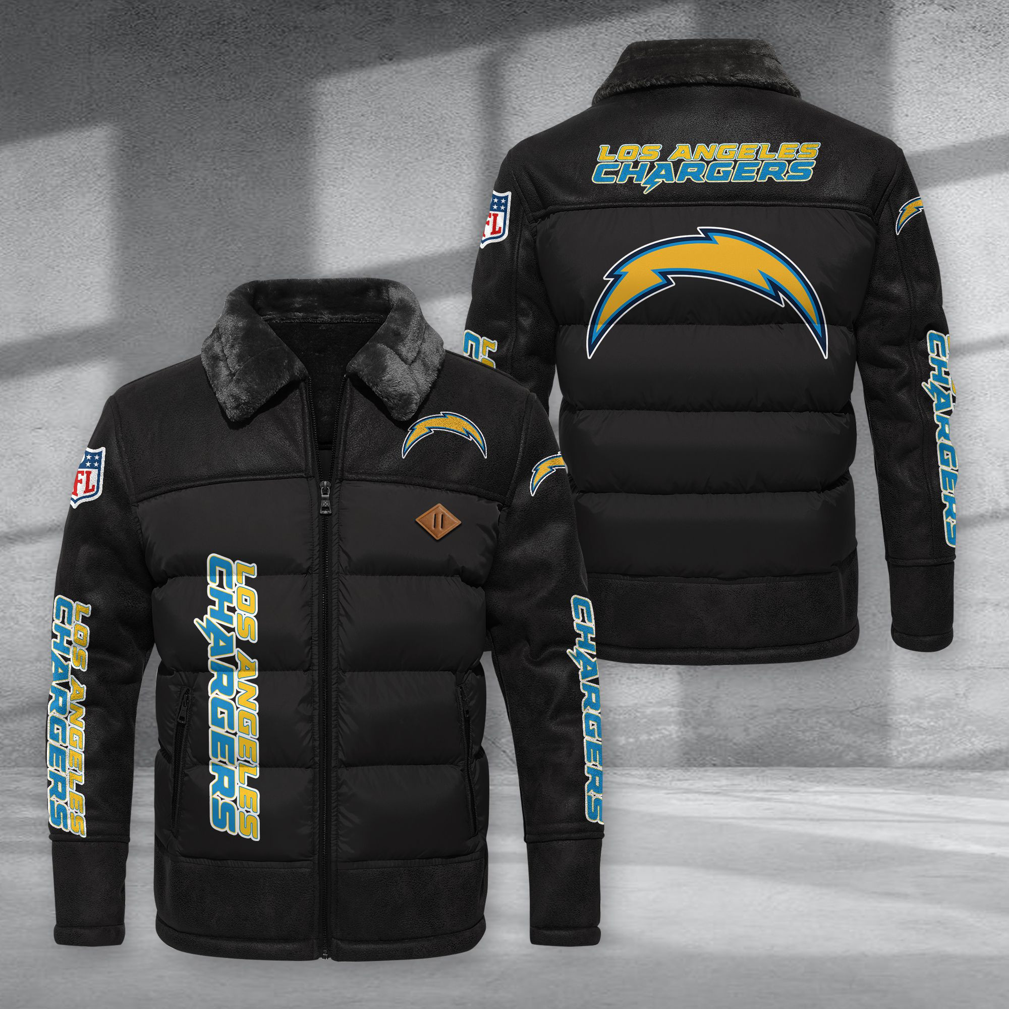 Los Angeles Chargers Fur Collar Leather-Look Puffer Jacket PURJD019